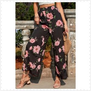 Floral Black Wide Leg Pants